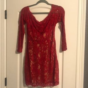 Red Off Shoulder Lace Bodycon Dress